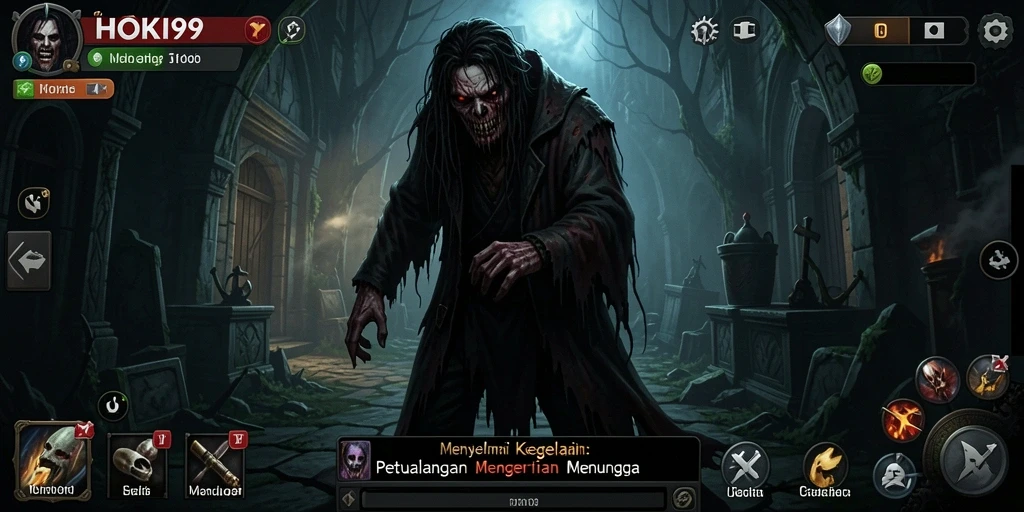 Tampilan gameplay mencekam HOKI99 dengan suasana menakutkan yang menghantui.