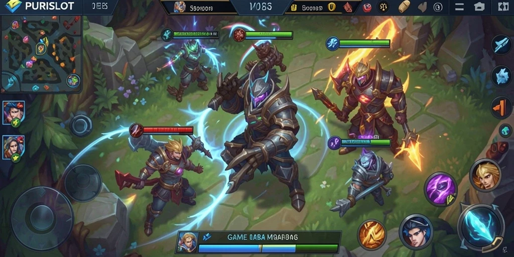 Screenshot gameplay PURISLOT yang menunjukkan aksi MOBA yang intens.