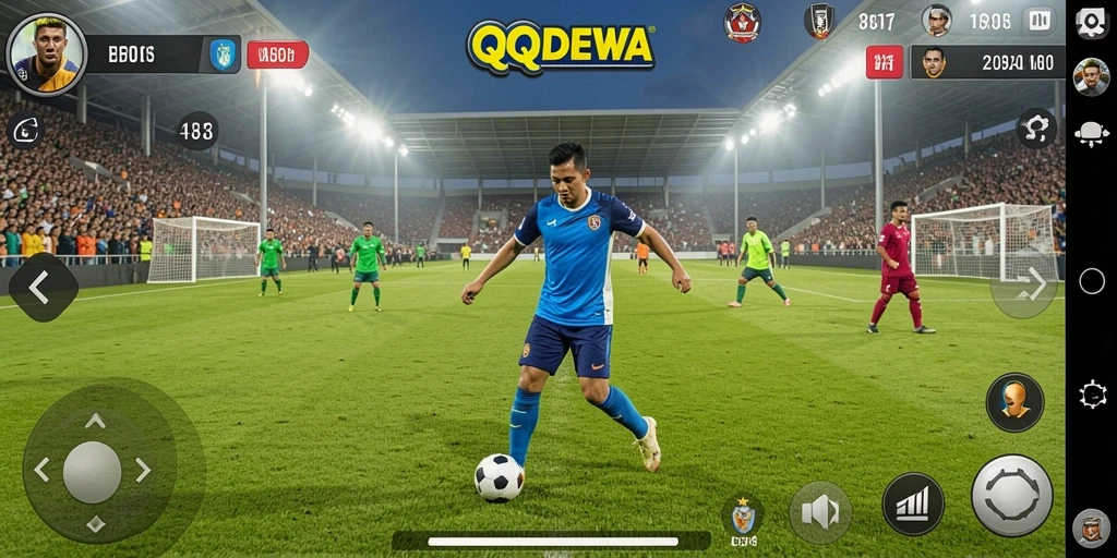 Screenshot utama QQDEWA menampilkan aksi seru di lapangan sepak bola.