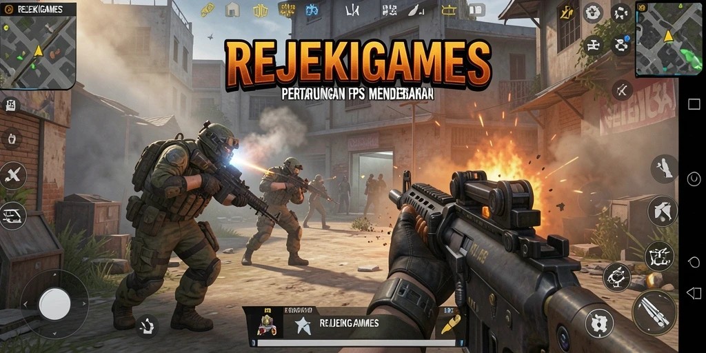 Screenshot gameplay REJEKIGAMES menampilkan aksi tembak-menembak yang seru.