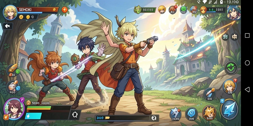 Screenshot gameplay SEHOKI menampilkan aksi berwarna-warni dan karakter anime yang dinamis.