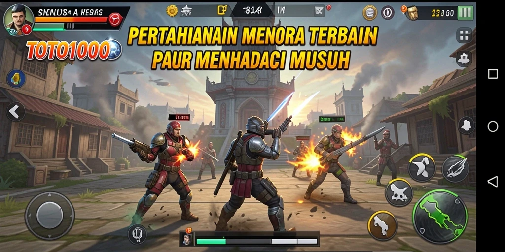 Menampilkan aksi menara pertahanan dalam TOTO1000 dengan musuh yang menyerang.