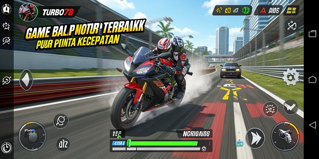 Tampilan gameplay TURBO78 menampilkan aksi balap motor yang mendebarkan.