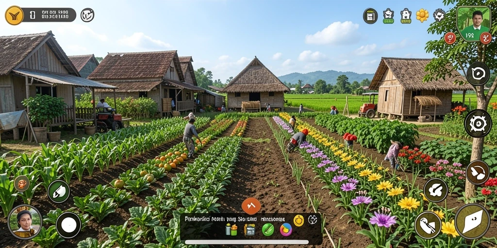 Screenshot gameplay V98 menampilkan aktivitas bertani yang menyenangkan.