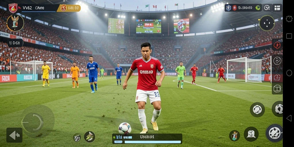 Screenshot utama VV62 menampilkan gameplay intens dari pertandingan sepak bola.